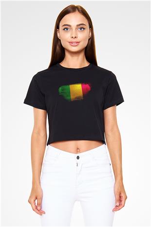 Mali Bayrağı Baskılı Kadın Crop Top Siyah Tişört