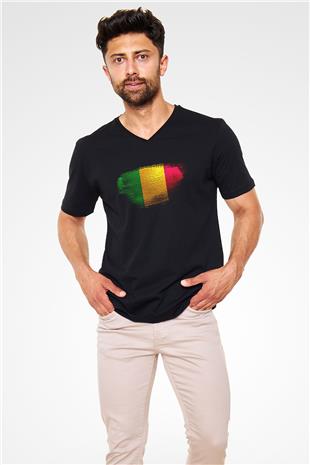 Mali Bayrağı Baskılı Unisex Siyah V Yaka Tişört