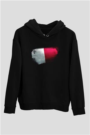 Malta Bayrağı Baskılı Unisex Siyah Kapüşonlu Sweatshirt