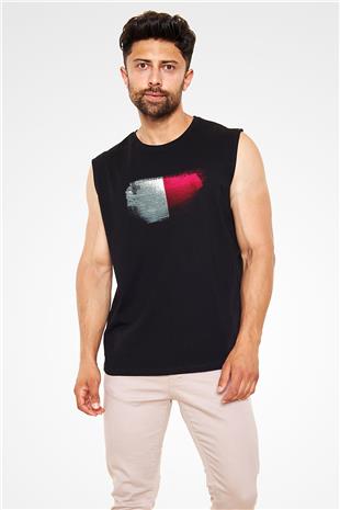 Malta Bayrağı Baskılı Unisex Siyah Kolsuz Tişört