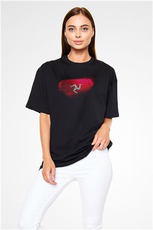 Man Adası - İsle Man Bayrağı Baskılı Unisex Siyah Oversize Tişört