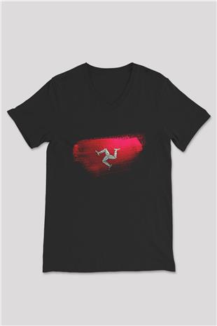 Man Adası - İsle Man Bayrağı Baskılı Unisex Siyah V Yaka Tişört