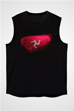 Man Adası - İsle Man Bayrağı Baskılı Unisex Siyah Kolsuz Tişört