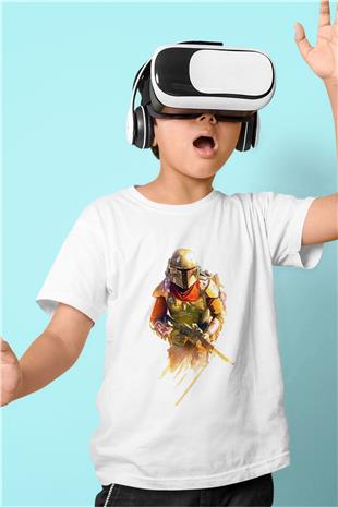 Mandalorian Baskılı Beyaz Unisex Beyaz Çocuk Tişört - Tshirt