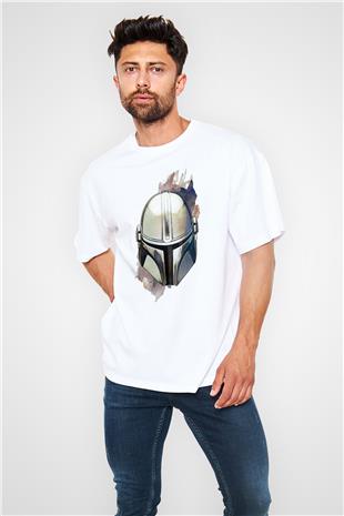 Mandalorian Baskılı Beyaz Unisex Oversize Tişört - Tshirt