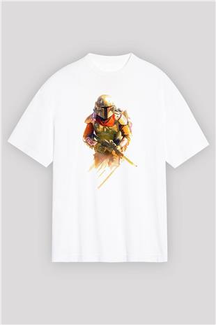 Mandalorian Baskılı Beyaz Unisex Oversize Tişört - Tshirt