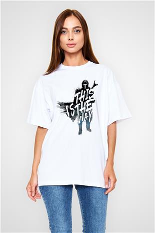Mandalorian Baskılı Beyaz Unisex Oversize Tişört - Tshirt