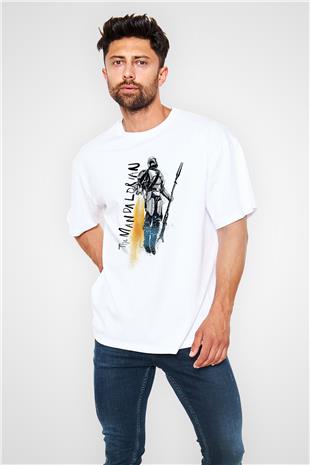 Mandalorian Baskılı Beyaz Unisex Oversize Tişört - Tshirt