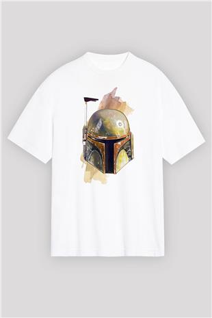 Mandalorian Baskılı Beyaz Unisex Oversize Tişört - Tshirt