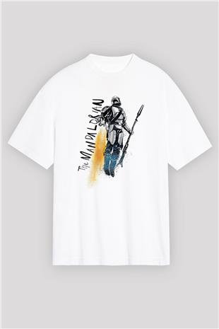 Mandalorian Baskılı Beyaz Unisex Oversize Tişört - Tshirt