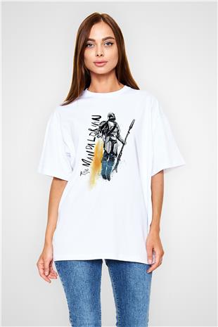 Mandalorian Baskılı Beyaz Unisex Oversize Tişört - Tshirt