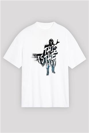 Mandalorian Baskılı Beyaz Unisex Oversize Tişört - Tshirt