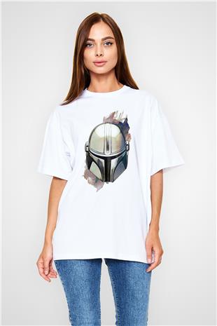 Mandalorian Baskılı Beyaz Unisex Oversize Tişört - Tshirt