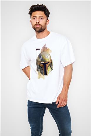 Mandalorian Baskılı Beyaz Unisex Oversize Tişört - Tshirt