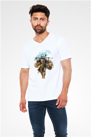 Mandalorian Baskılı Beyaz Unisex V Yaka Tişört - Tshirt