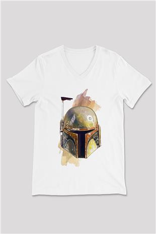 Mandalorian Baskılı Beyaz Unisex V Yaka Tişört - Tshirt