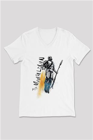 Mandalorian Baskılı Beyaz Unisex V Yaka Tişört - Tshirt