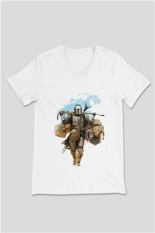 Mandalorian Baskılı Beyaz Unisex V Yaka Tişört - Tshirt