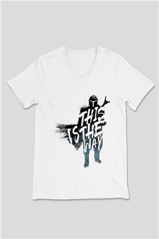 Mandalorian Baskılı Beyaz Unisex V Yaka Tişört - Tshirt