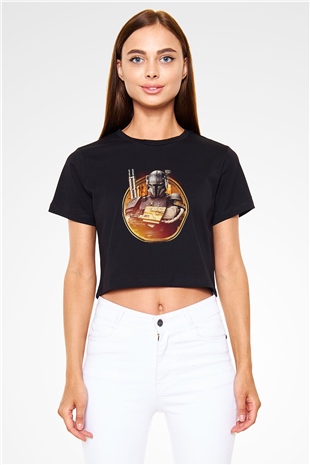 Mandalorian Baskılı Siyah Crop Top Kadın Tişört - Tshirt