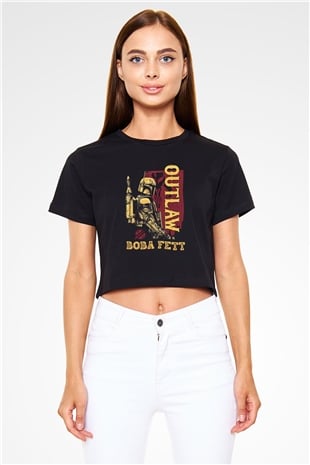 Mandalorian Baskılı Siyah Crop Top Kadın Tişört - Tshirt