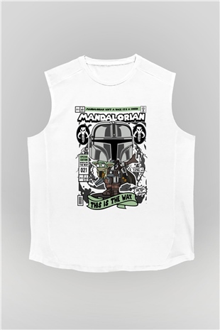 Mandalorian Baskılı Unisex Beyaz Kolsuz Tişört