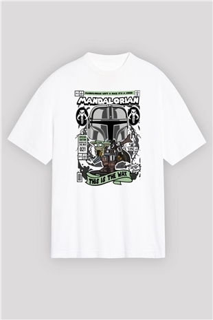 Mandalorian Baskılı Unisex Beyaz Oversize Tişört