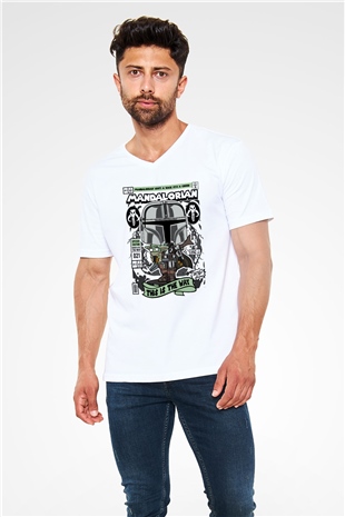 Mandalorian Baskılı Unisex Beyaz V Yaka Tişört