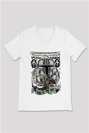 Mandalorian Baskılı Unisex Beyaz V Yaka Tişört