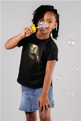 Mandalorian Baskılı Unisex Siyah Çocuk Tişört - Tshirt