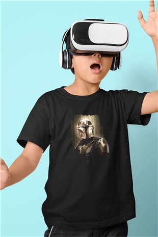 Mandalorian Baskılı Unisex Siyah Çocuk Tişört - Tshirt
