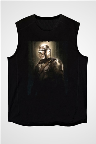 Mandalorian Baskılı Unisex Siyah Kolsuz Tişört - Tshirt