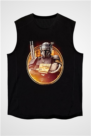 Mandalorian Baskılı Unisex Siyah Kolsuz Tişört - Tshirt