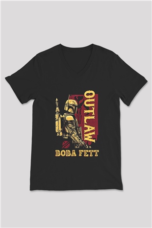 Mandalorian Baskılı Unisex Siyah V Yaka Tişört - Tshirt