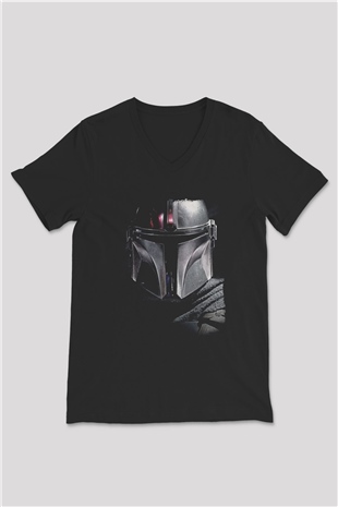 Mandalorian Baskılı Unisex Siyah V Yaka Tişört - Tshirt