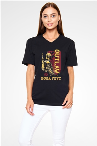 Mandalorian Baskılı Unisex Siyah V Yaka Tişört - Tshirt
