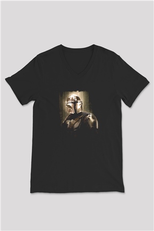 Mandalorian Baskılı Unisex Siyah V Yaka Tişört - Tshirt