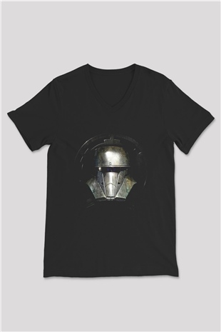 Mandalorian Baskılı Unisex Siyah V Yaka Tişört - Tshirt