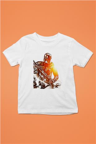 Mandolarian Baskılı Beyaz Unisex Beyaz Çocuk Tişört - Tshirt