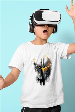 Mandolarian Baskılı Beyaz Unisex Beyaz Çocuk Tişört - Tshirt