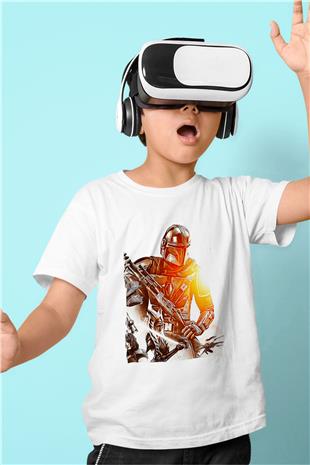 Mandolarian Baskılı Beyaz Unisex Beyaz Çocuk Tişört - Tshirt