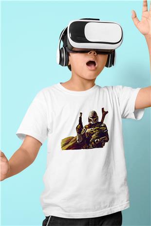 Mandolarian Baskılı Beyaz Unisex Beyaz Çocuk Tişört - Tshirt