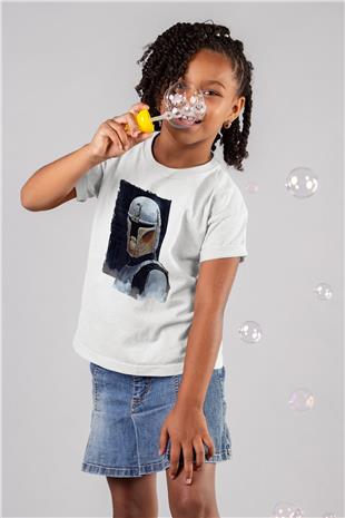 Mandolarian Baskılı Beyaz Unisex Beyaz Çocuk Tişört - Tshirt