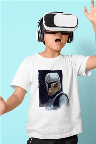 Mandolarian Baskılı Beyaz Unisex Beyaz Çocuk Tişört - Tshirt