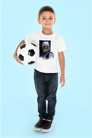 Mandolarian Baskılı Beyaz Unisex Beyaz Çocuk Tişört - Tshirt