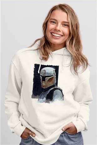 Mandolarian Baskılı Beyaz Unisex Hoodie