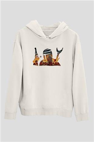 Mandolarian Baskılı Beyaz Unisex Hoodie
