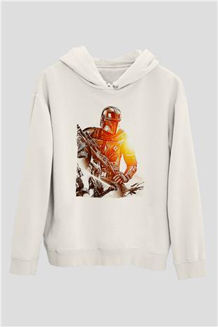 Mandolarian Baskılı Beyaz Unisex Hoodie