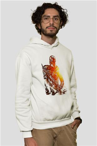 Mandolarian Baskılı Beyaz Unisex Hoodie