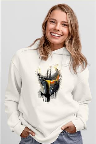 Mandolarian Baskılı Beyaz Unisex Hoodie